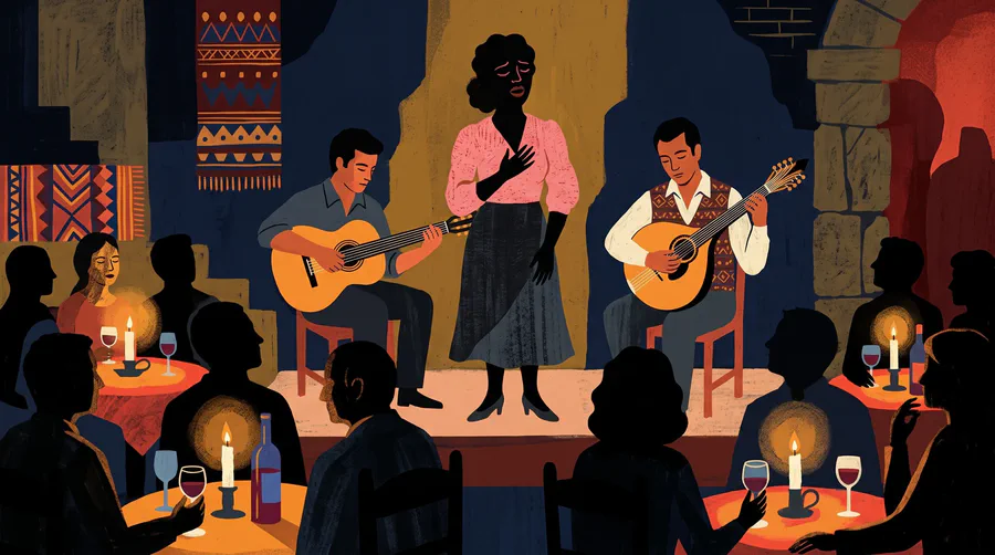 Illustration of a candlelit fado room with a singer, a classical guitar and a round Portuguese guitarra