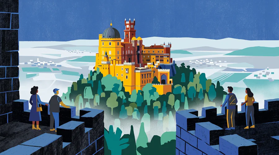 Illustration of the yellow and red towers of a hilltop palace seen from castle ramparts, mist in the trees