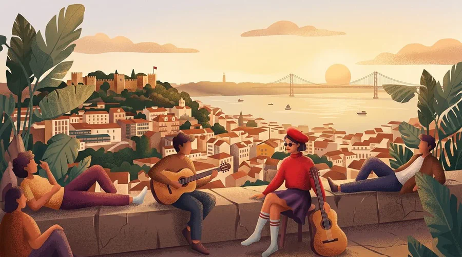 Illustration of people with guitars on a viewpoint wall at sunset, castle and suspension bridge over the rooftops