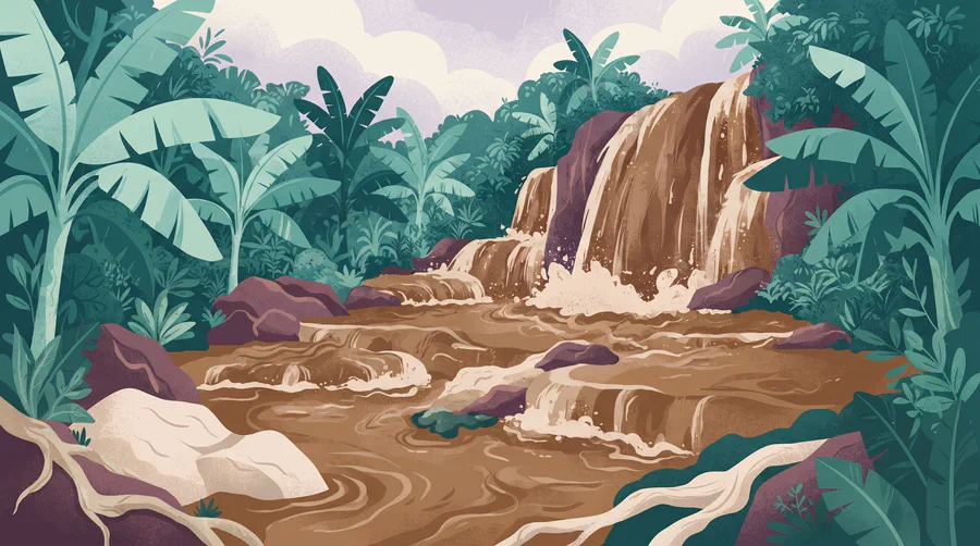 Illustrazione delle cascate di Kuang Si marroni e gonfie nella stagione delle piogge