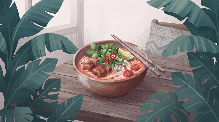 Illustrazione di una ciotola di khao soi lao con maiale e pomodoro in brodo chiaro
