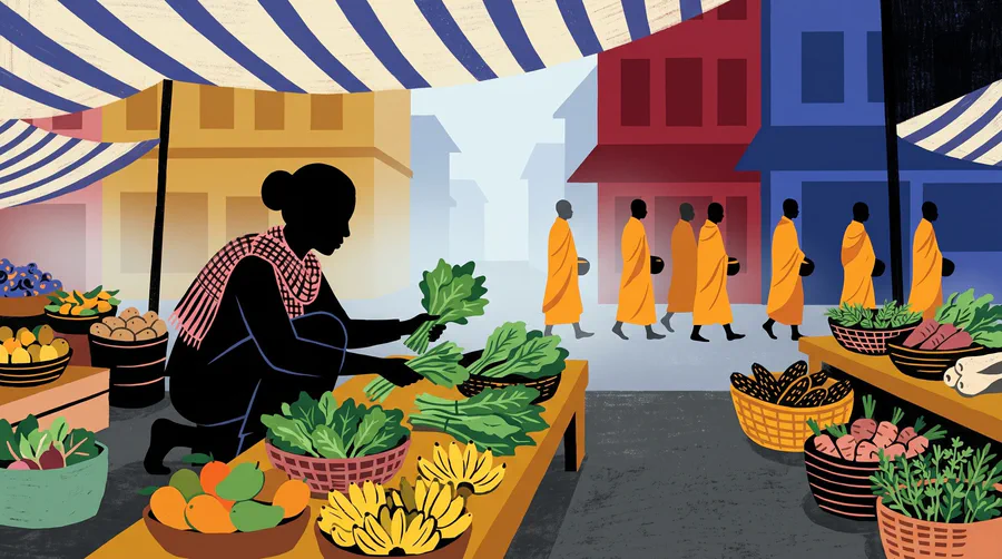 Illustration of a market vendor arranging greens under a striped awning, monks passing in the street behind