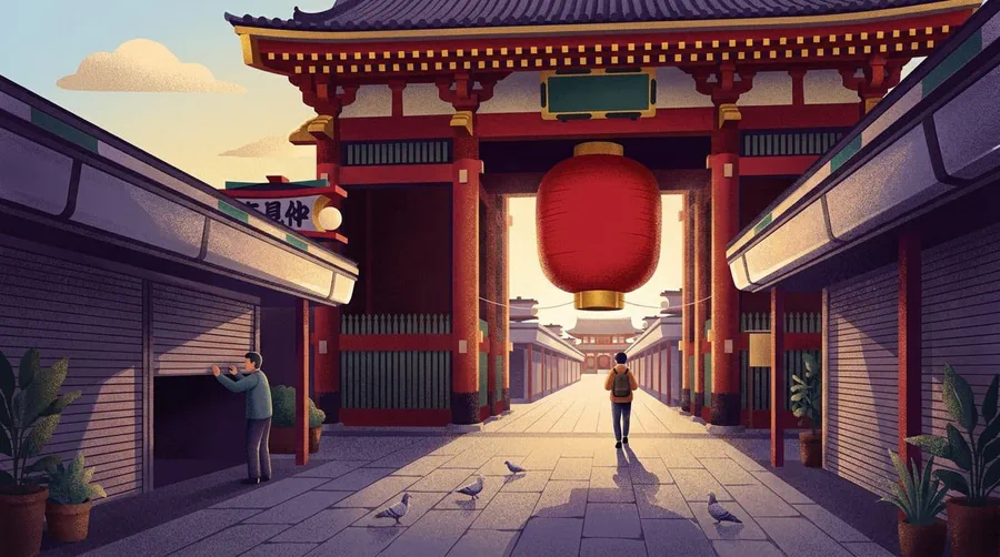 Illustration of a temple gate with a giant red lantern and an empty shopping street in early morning light