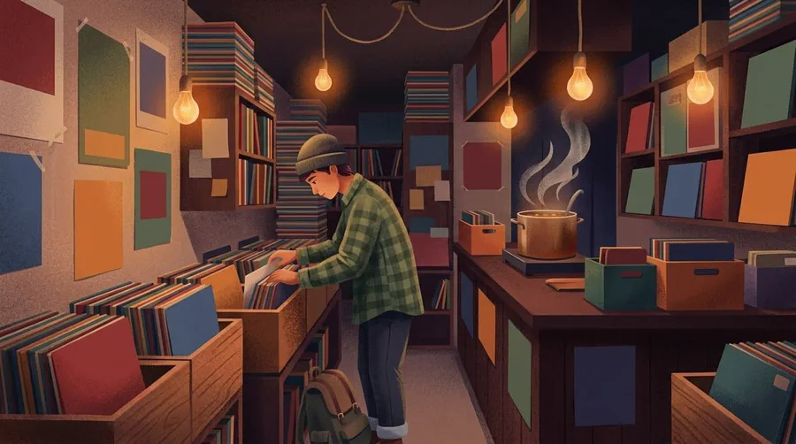 Illustration of a traveller flipping through record crates in a narrow shop, a curry pot steaming behind the counter