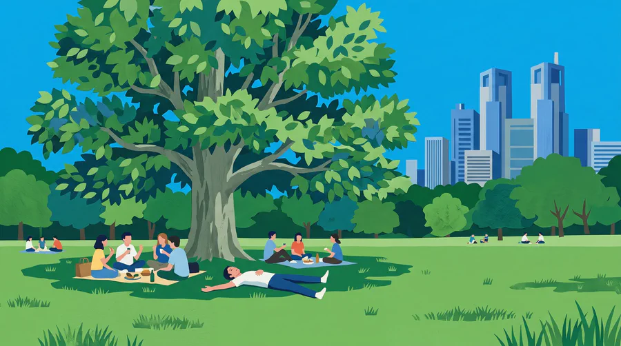 Illustration of picnickers and a sleeper on a wide park lawn under a great tree, towers beyond the treeline