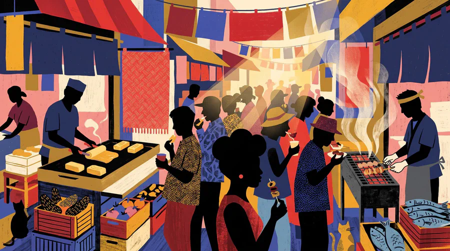 Illustration of a crowded market lane with a tamagoyaki griddle, a charcoal skewer grill and hanging banners