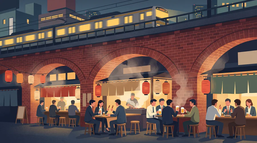Illustration of smoky izakaya stalls under brick railway arches with a train passing above