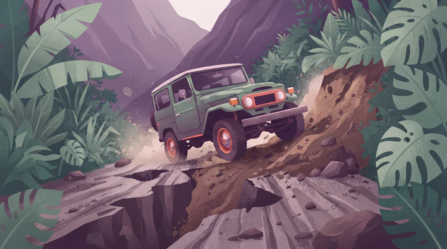 Illustrazione di un fuoristrada su una strada di montagna spaccata dalle frane