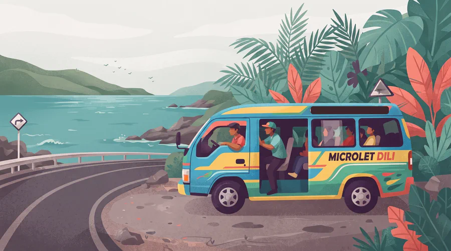 Illustrazione di un microlet colorato che carica passeggeri sulla costiera di Dili