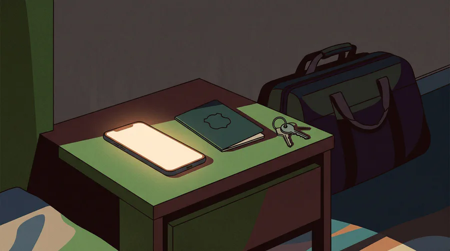 Illustration of a phone face up on a bedside table at night beside a passport and keys, a packed bag against the wall behind