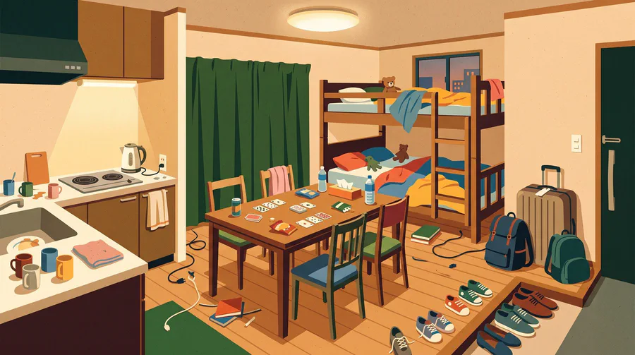 Illustration of an apartment hotel room with a small kitchen, a dining table and bunk beds