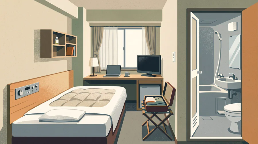 Illustration of a compact Japanese business hotel room with a moulded unit bathroom and a desk along the wall