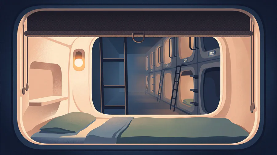Illustration from inside a capsule hotel pod, looking out at a corridor of stacked pods with ladders