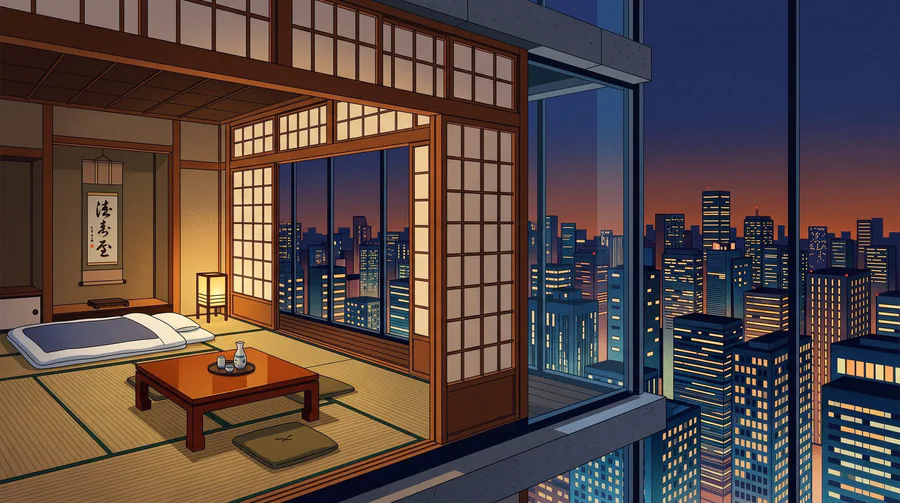 Illustration of a tatami room with shoji screens and a futon, city towers beyond the window at dusk